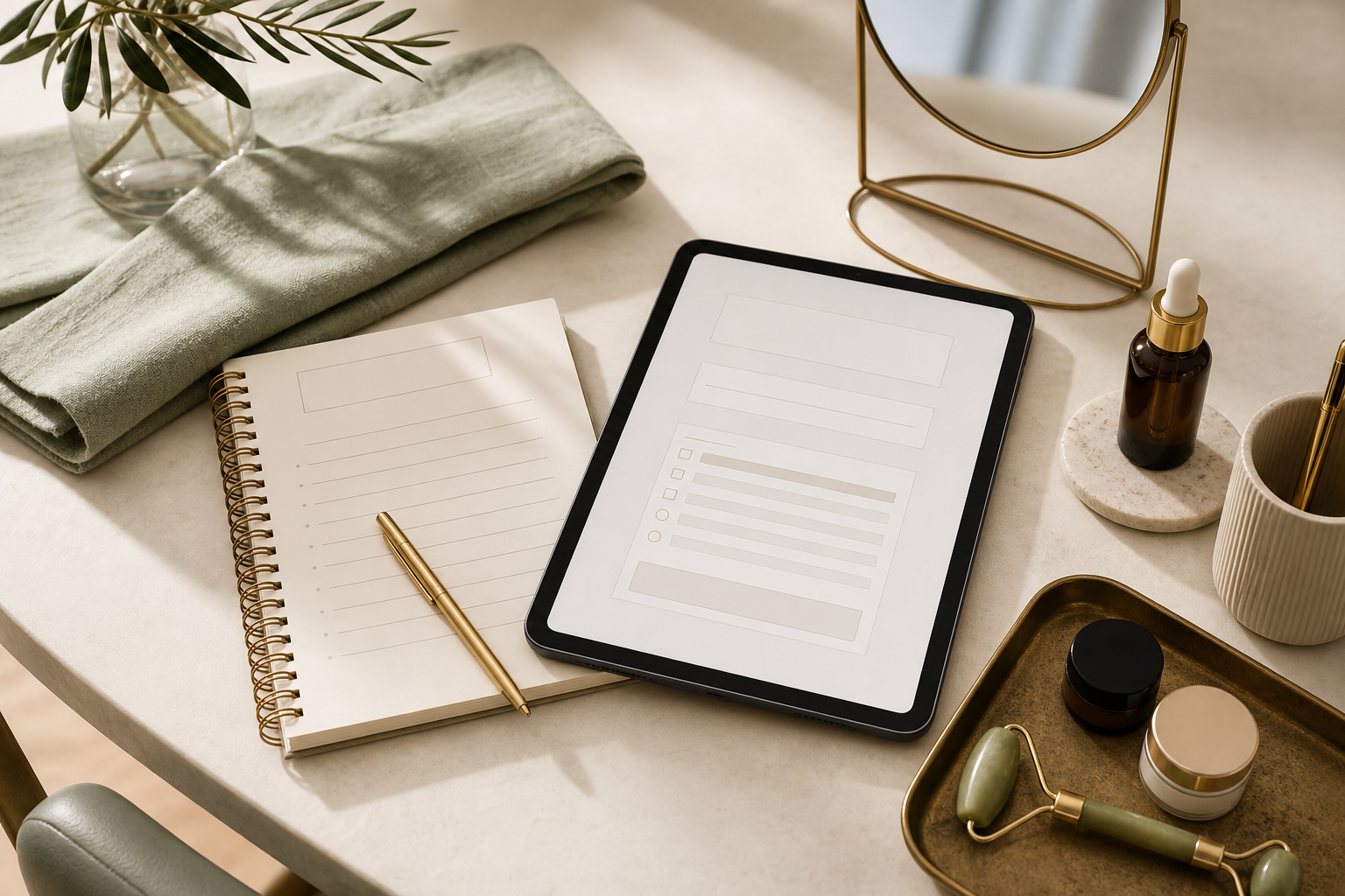 MKS Aesthetics consultation setup with notes, mirror, and skincare tools